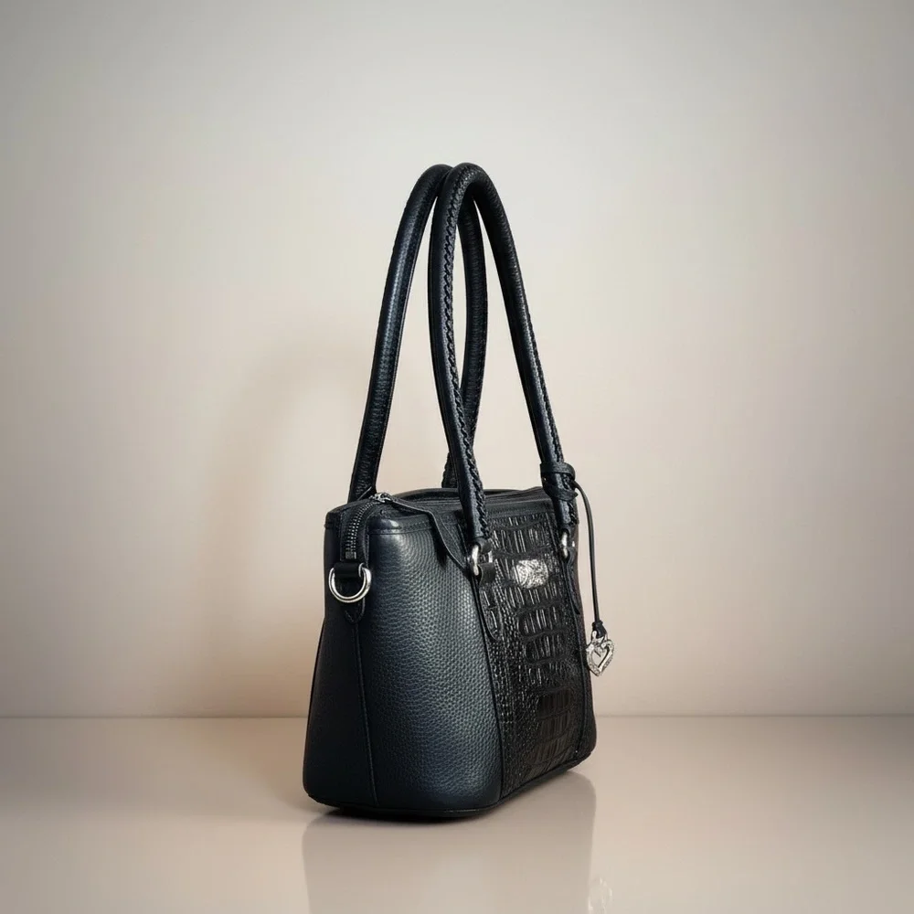 ✨Brighton Black Croc Embossed Leather Tote Heart Charm Plaid Lined Shoulder Bag✨